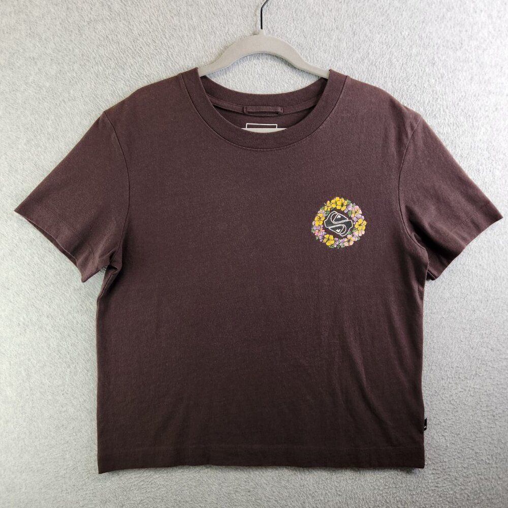 Quiksilver T Shirt Womens L Brown Skull Flowers Standard Crop Fit Tee Top - Picture 11 of 12